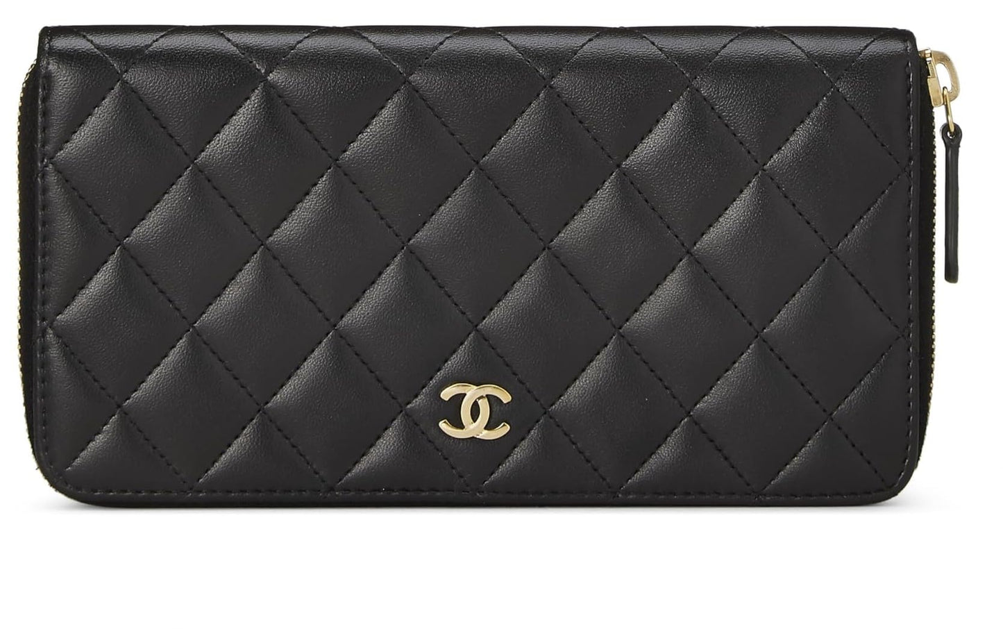 Chanel, Cartera clásica con cremallera de piel de cordero acolchada en negro Pre-Loved, Negro