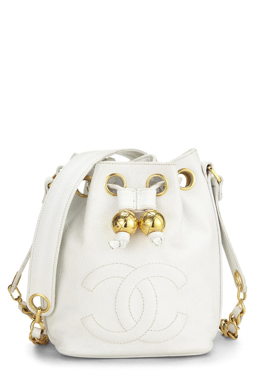 Chanel, Mini sac seau en caviar blanc d'occasion, blanc