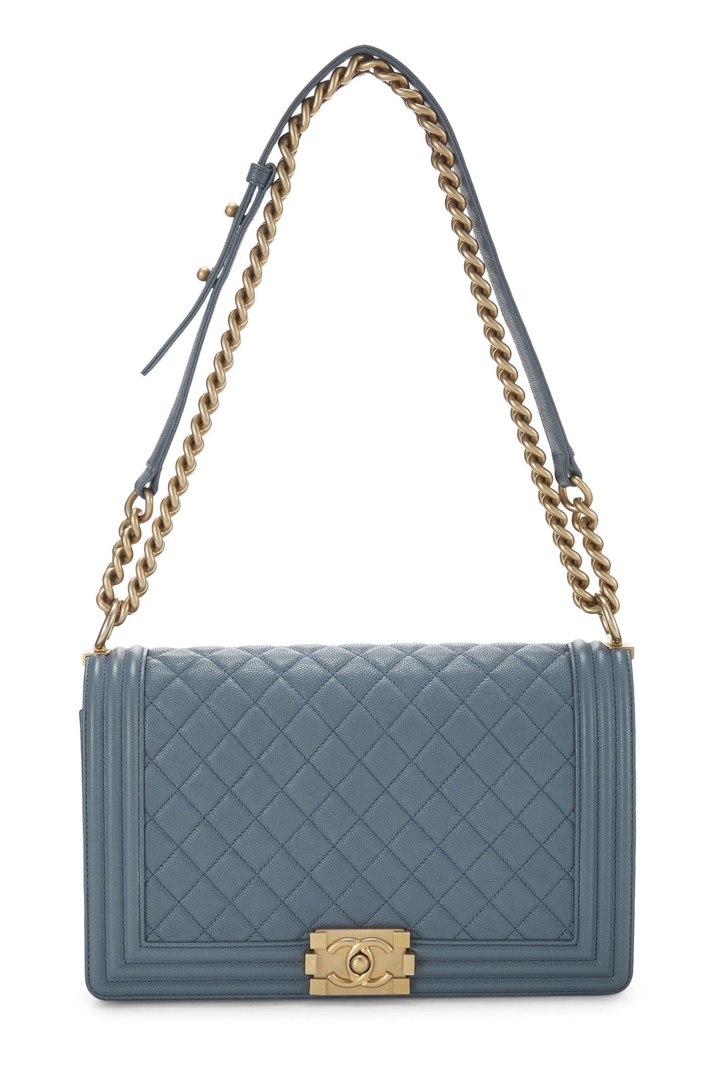 Chanel, sac Boy Caviar matelassé bleu d'occasion de taille moyenne, bleu