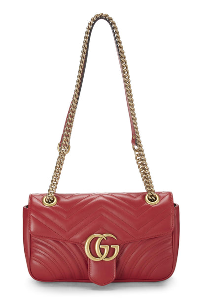 Gucci, Pre-Loved Red Leather GG Marmont Matelassé Shoulder Bag Small, Red