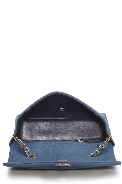 Chanel, Petit sac à rabat classique en lin matelassé bleu d'occasion, bleu