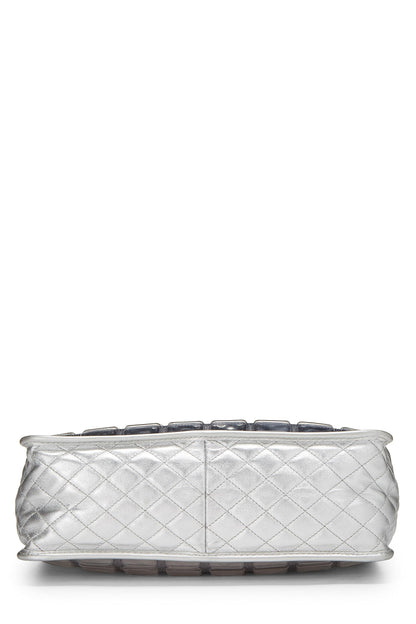 Chanel, Pre-Loved Metallic Silver Quilted Leather Ice Cube Shopping Tote, Silver