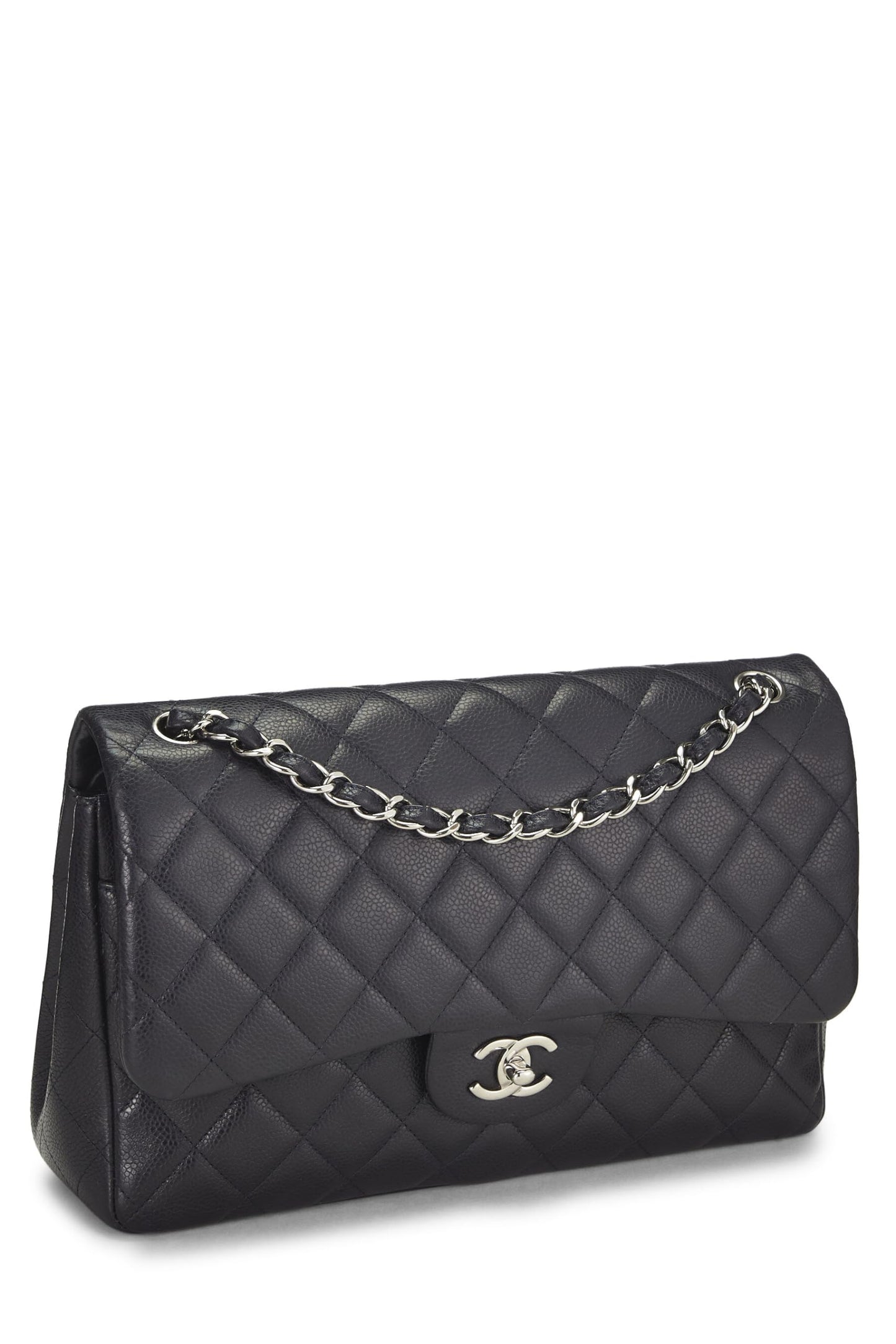 Chanel, sac à main jumbo à double rabat matelassé bleu marine, d'occasion, New Classic, bleu marine