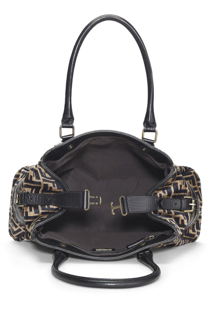 Fendi, Bolso Du Jour mediano de terciopelo Zucca negro y beige Pre-Loved, Marrón