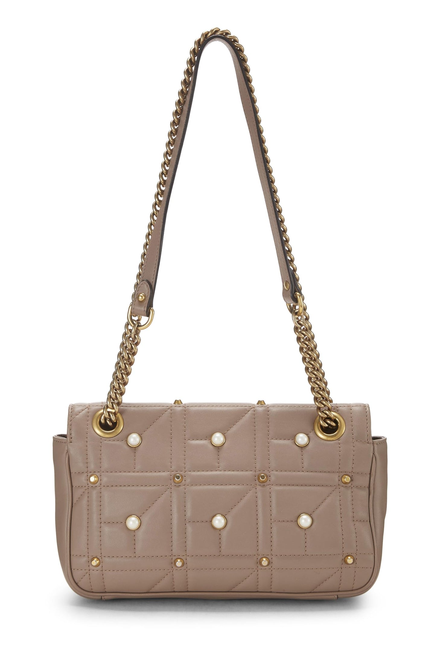 Gucci, sac à bandoulière GG Marmont en cuir rose et fausses perles, petit modèle, beige