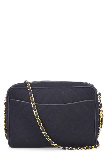 Chanel, sac photo « CC » en laine bleu marine d'occasion, taille moyenne, bleu marine