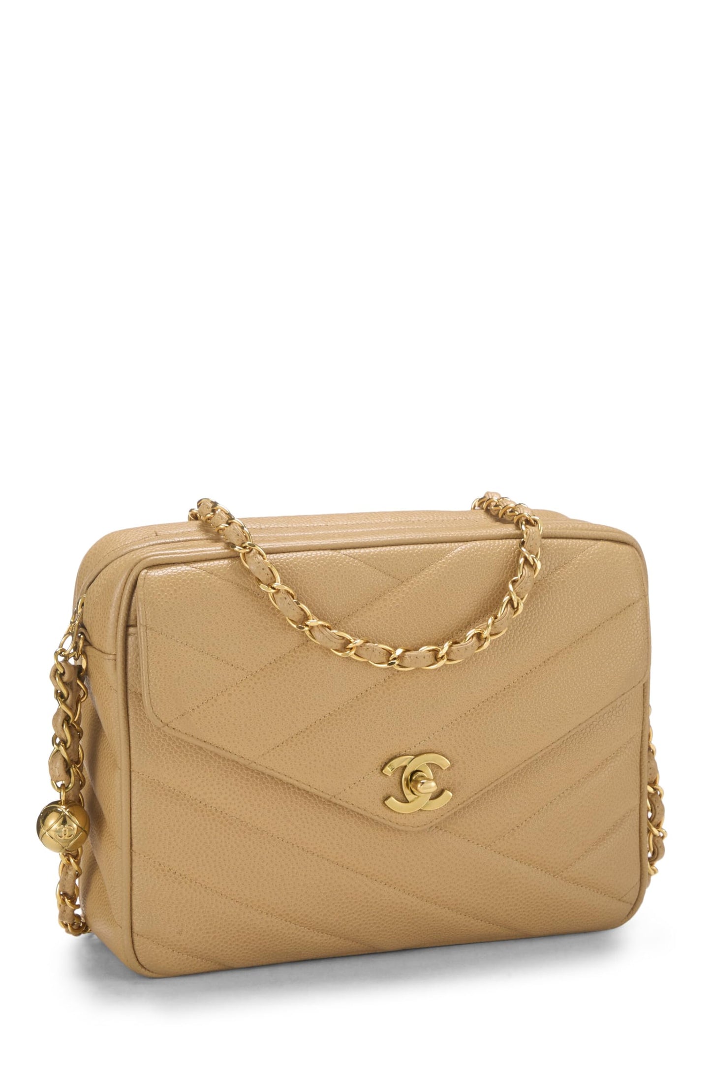 Chanel, Bolso para cámara tipo sobre de caviar acolchado beige Pre-Loved, mediano, Beige