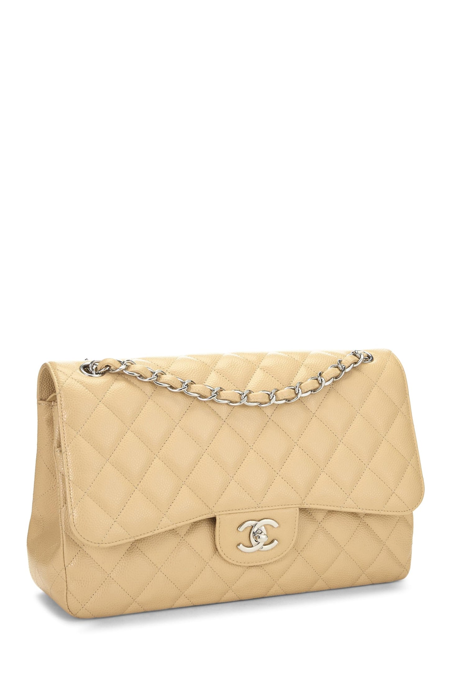 Chanel, Pre-Loved Beige Quilted Caviar New Classic Double Flap Jumbo, Beige