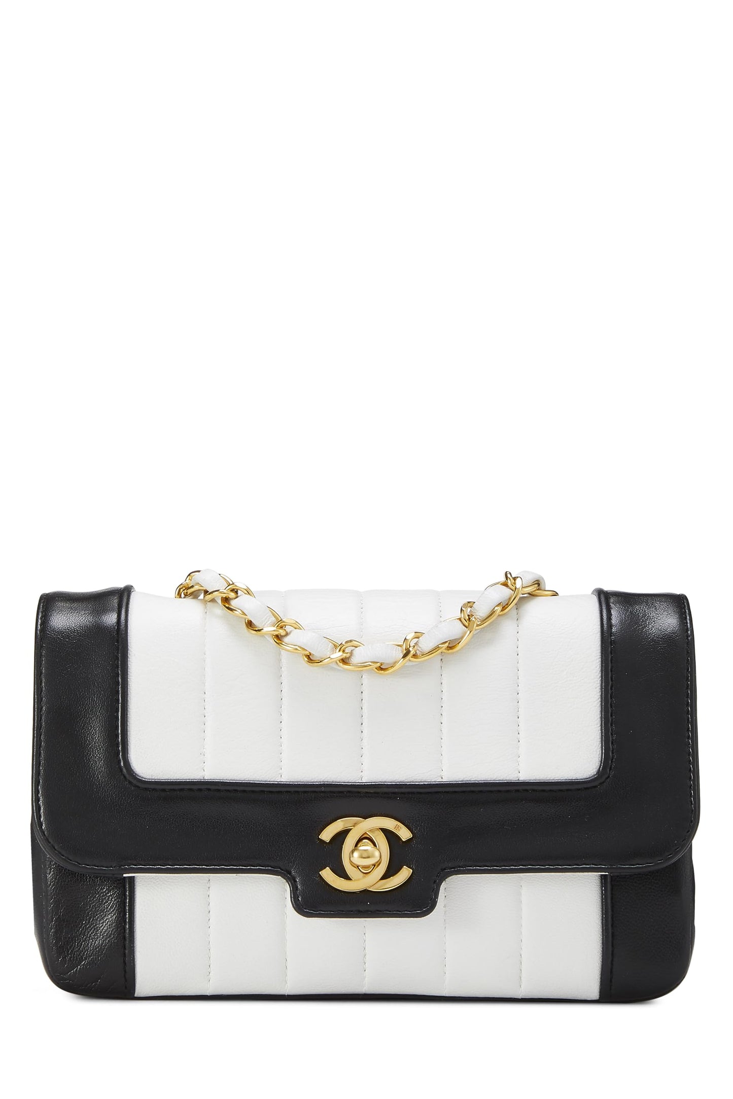 Chanel, Mini sac à rabat à bordure verticale en cuir d'agneau blanc et noir d'occasion, multicolore