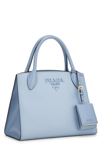 Prada, sac monochrome en cuir Saffiano bleu d'occasion, petit modèle, bleu