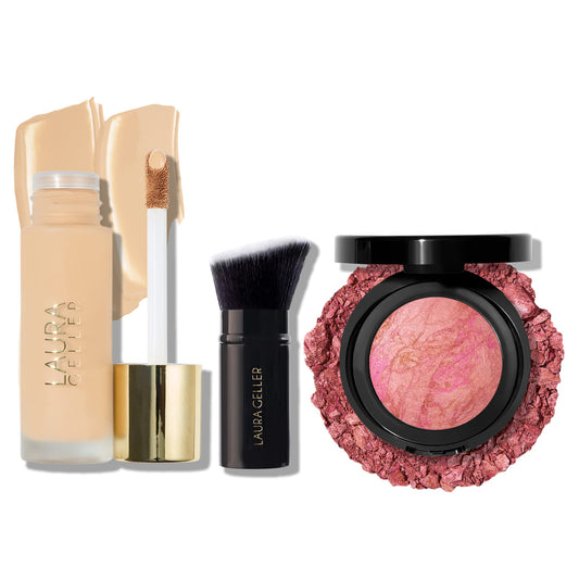 LAURA GELLER NEW YORK The Classic Matte Look - Liquid (3 PC): Double Take Liquid Foundation, Light + Retractable Kabuki Brush + Baked Blush-n-Brighten, Pink Buttercream