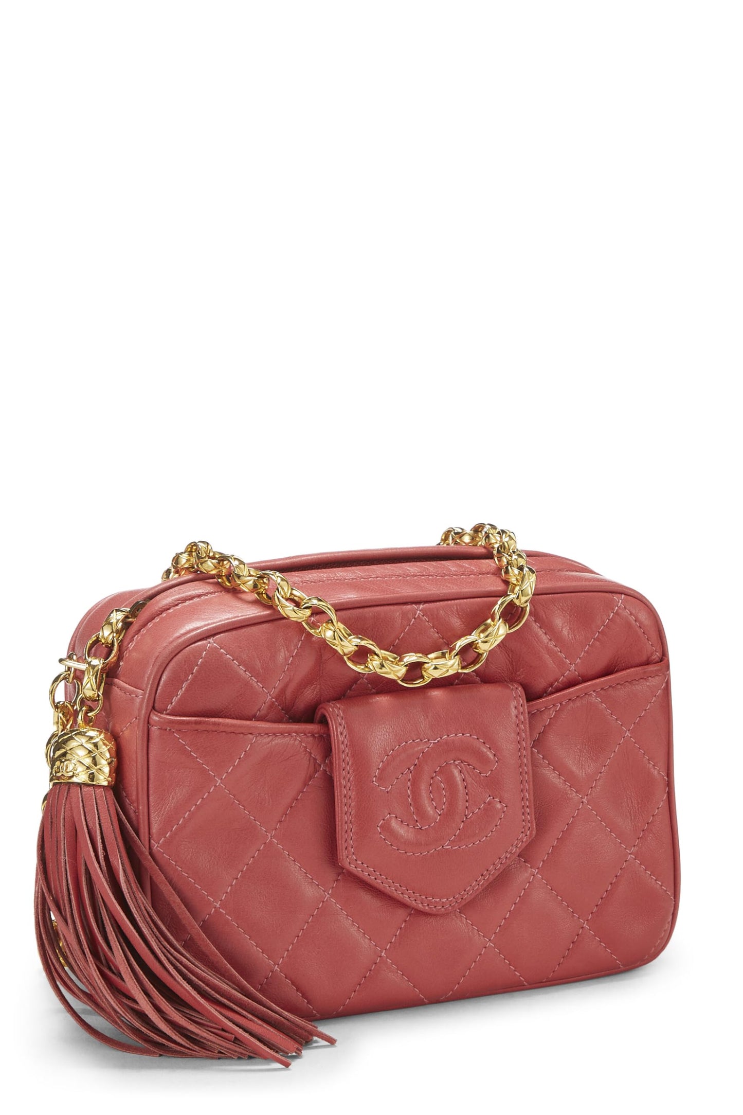 Chanel, Bolso para cámara mini con pestaña 'CC' de diamantes en piel de cordero rosa Pre-Loved, Rosa