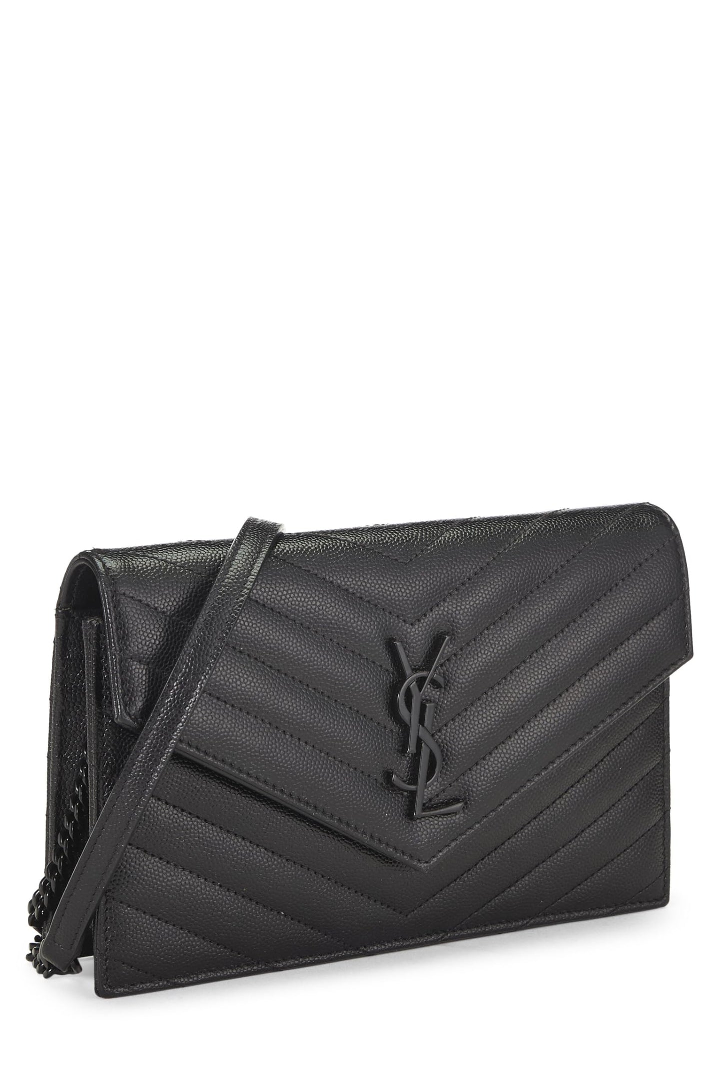 Yves Saint Laurent, Cartera tipo sobre con cadena de piel de becerro granulada negra Pre-Loved (WOC), Negro