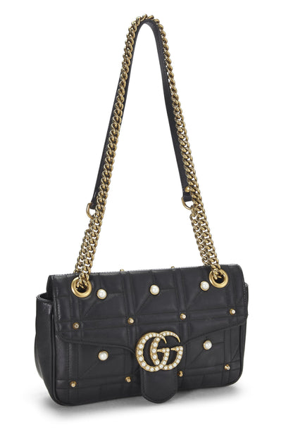 Gucci, Pre-Loved Black Leather & Faux Pearl GG Marmont Shoulder Bag Small, Black