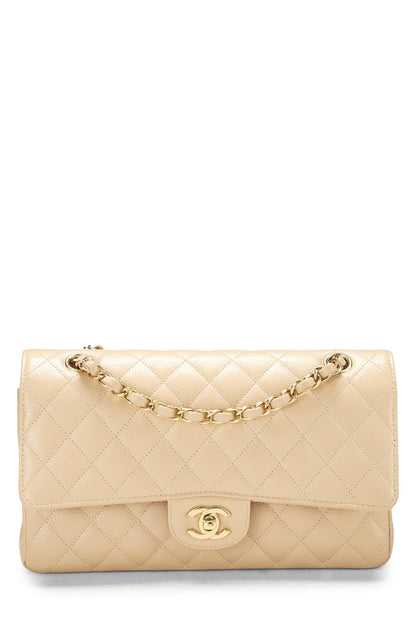 Chanel, sac à rabat double classique matelassé beige caviar d'occasion, taille M, beige