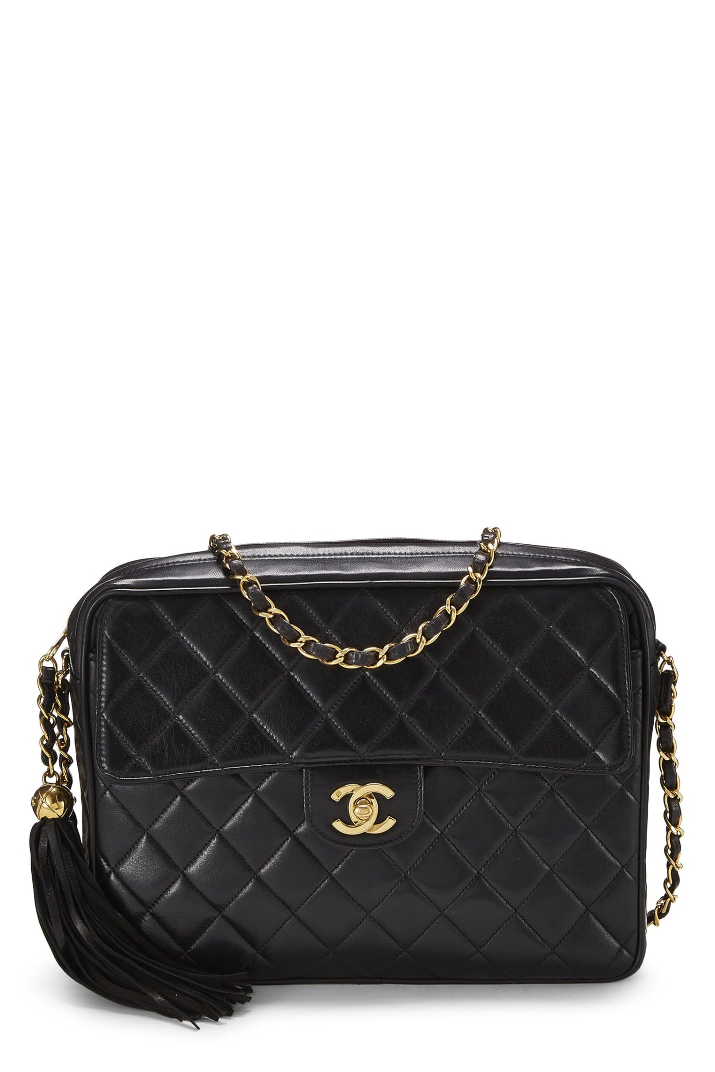 Chanel, Bolso grande para cámara con bolsillo acolchado en piel de cordero negra Pre-Loved, Negro