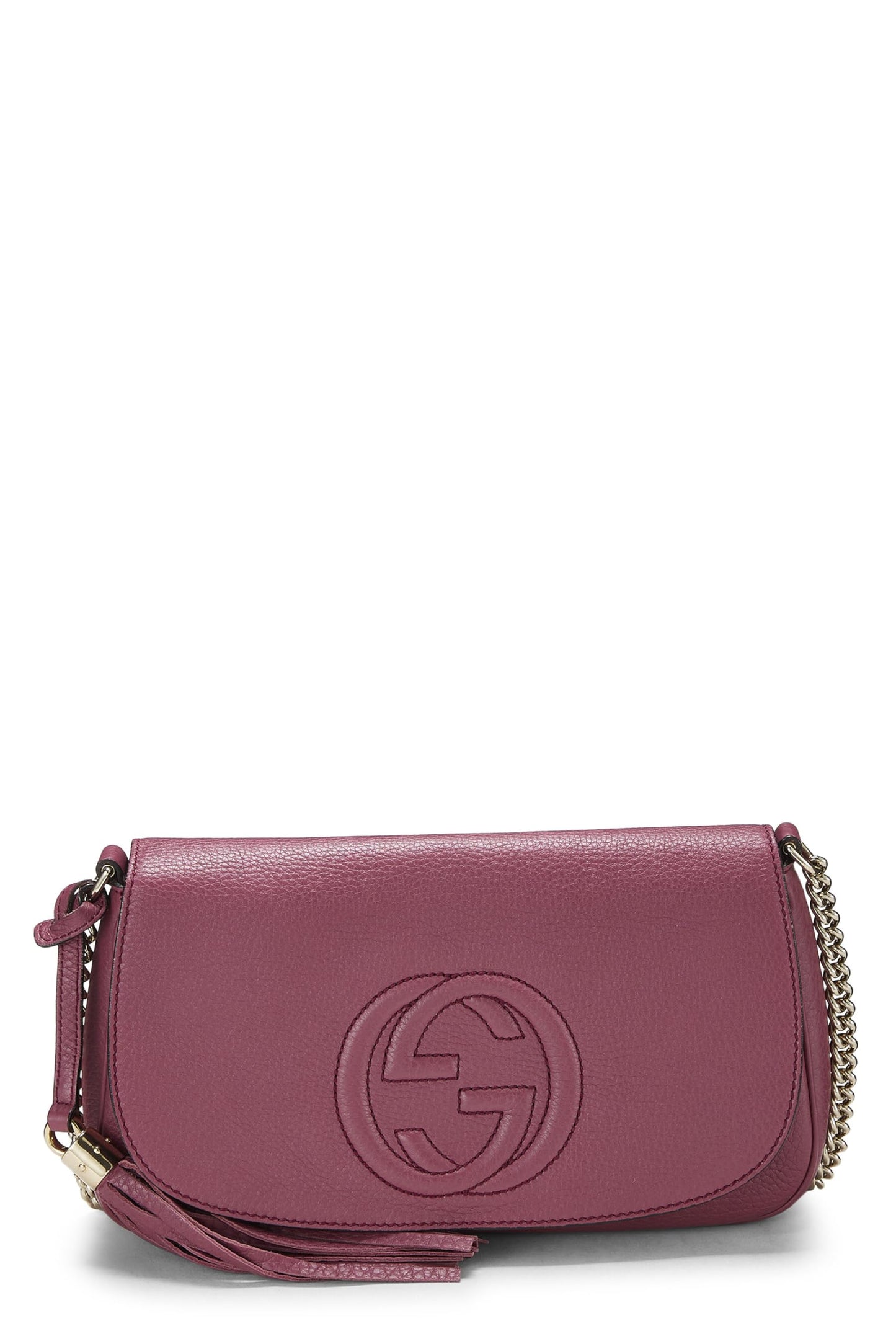 Gucci, sac à bandoulière à rabat avec chaîne Soho en cuir grainé violet d'occasion, violet