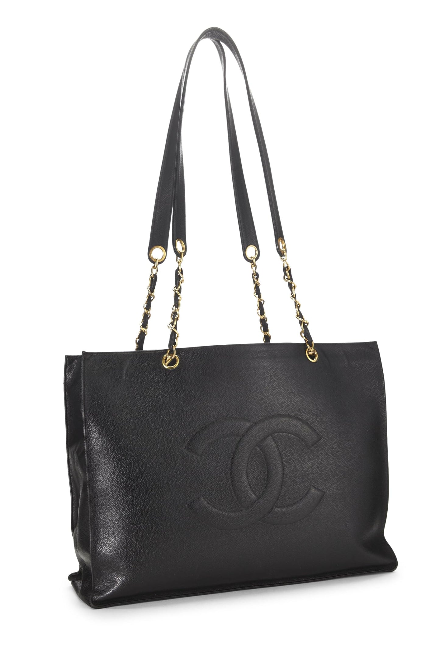 Chanel, sac fourre-tout à poignée plate en chaîne Black Caviar Medium d'occasion, noir