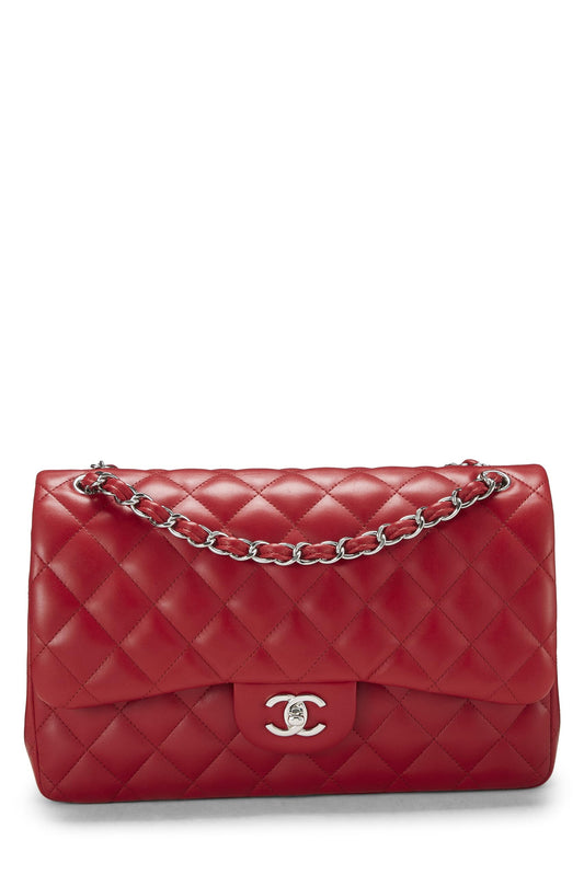 Chanel, Piel de cordero acolchada roja Pre-Loved New Classic Jumbo con doble solapa, Rojo