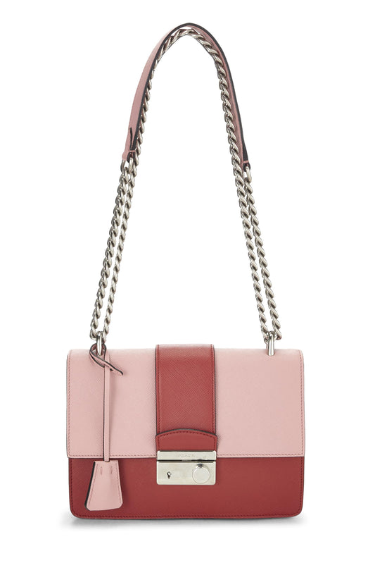 Prada, sac à bandoulière en cuir Saffiano rose et rouge d'occasion, multicolore