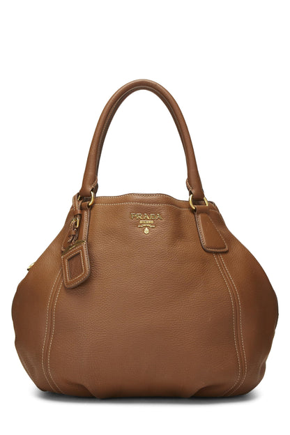 Prada, sac à main convertible Vitello Daino marron d'occasion de taille moyenne, marron