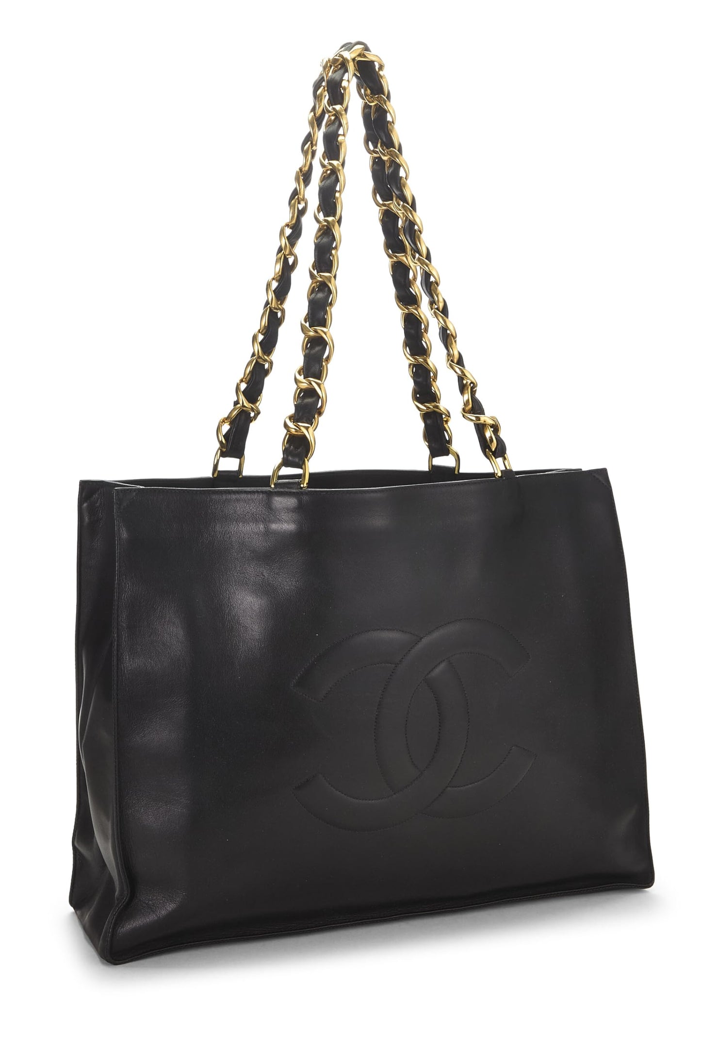 Chanel, sac fourre-tout à poignée plate en cuir d'agneau noir de taille moyenne, d'occasion, noir