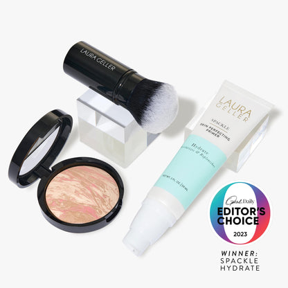 LAURA GELLER NEW YORK Face the Day Kit (3 PC) - Balance-n-Brighten Foundation, Porcelain + Spackle Skin Perfecting Primer, Hydrate + Airbrush Round Kabuki Brush