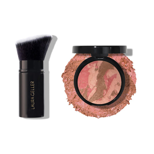 LAURA GELLER NEW YORK Baked Blush-n-Bronze Fard à joues bronzeur 2 en 1, Tropical Bronze + Pinceau kabuki biseauté rétractable