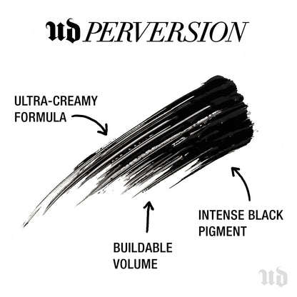 Máscara voluminizadora Urban Decay Perversion (tamaño completo), máscara alargadora negra, volumen y longitud de pestañas edificables, larga duración, no impermeable, levantamiento de pestañas sin grumos, libre de crueldad - 0.34 fl oz