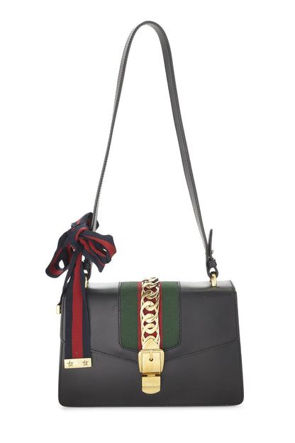 Gucci, Sylvie Small, sac à main en cuir noir d'occasion, noir