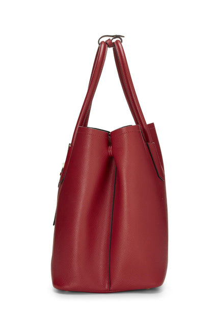 Prada, sac fourre-tout double taille moyenne en cuir Saffiano rouge d'occasion, rouge