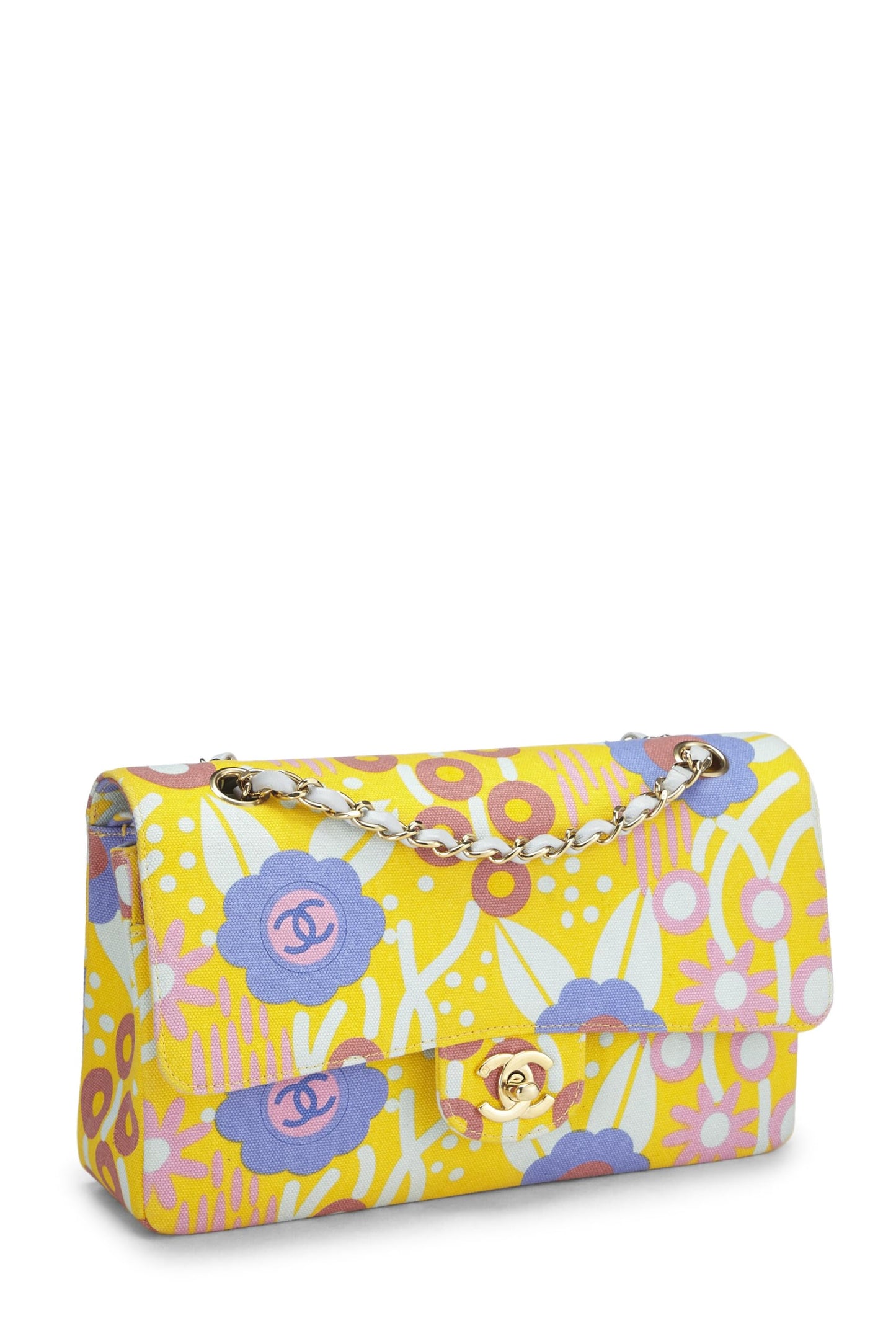 Chanel, sac à main classique à double rabat en toile à fleurs jaune et multicolore d'occasion, taille moyenne, multicolore