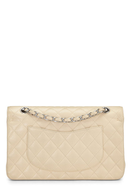 Chanel, sac à rabat double classique matelassé beige caviar d'occasion, taille M, beige