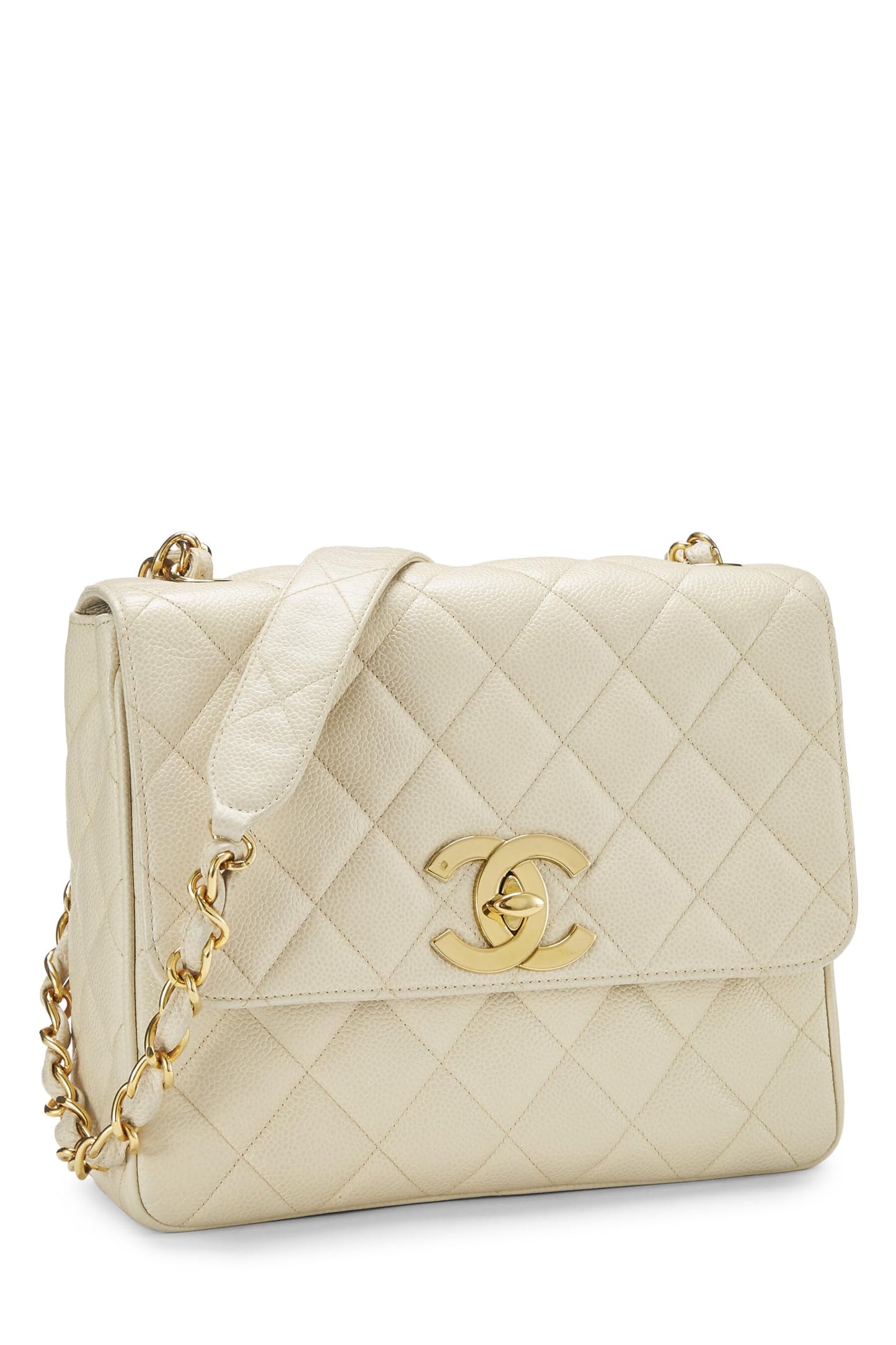 Chanel, Pre-Loved White Quilted Caviar Big 'CC' Square Flap, White