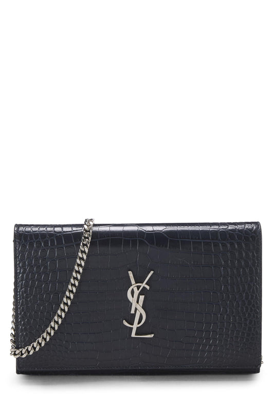 Yves Saint Laurent, Pre-Loved Navy Embossed Kate Wallet On Chain (WOC), Navy