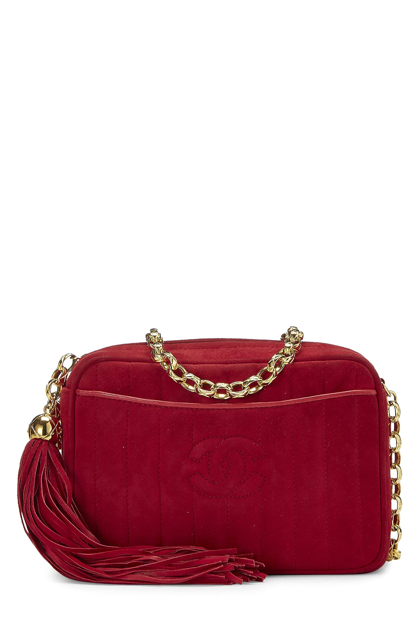 Chanel, sac à main vertical en daim rouge d'occasion, petit, rouge