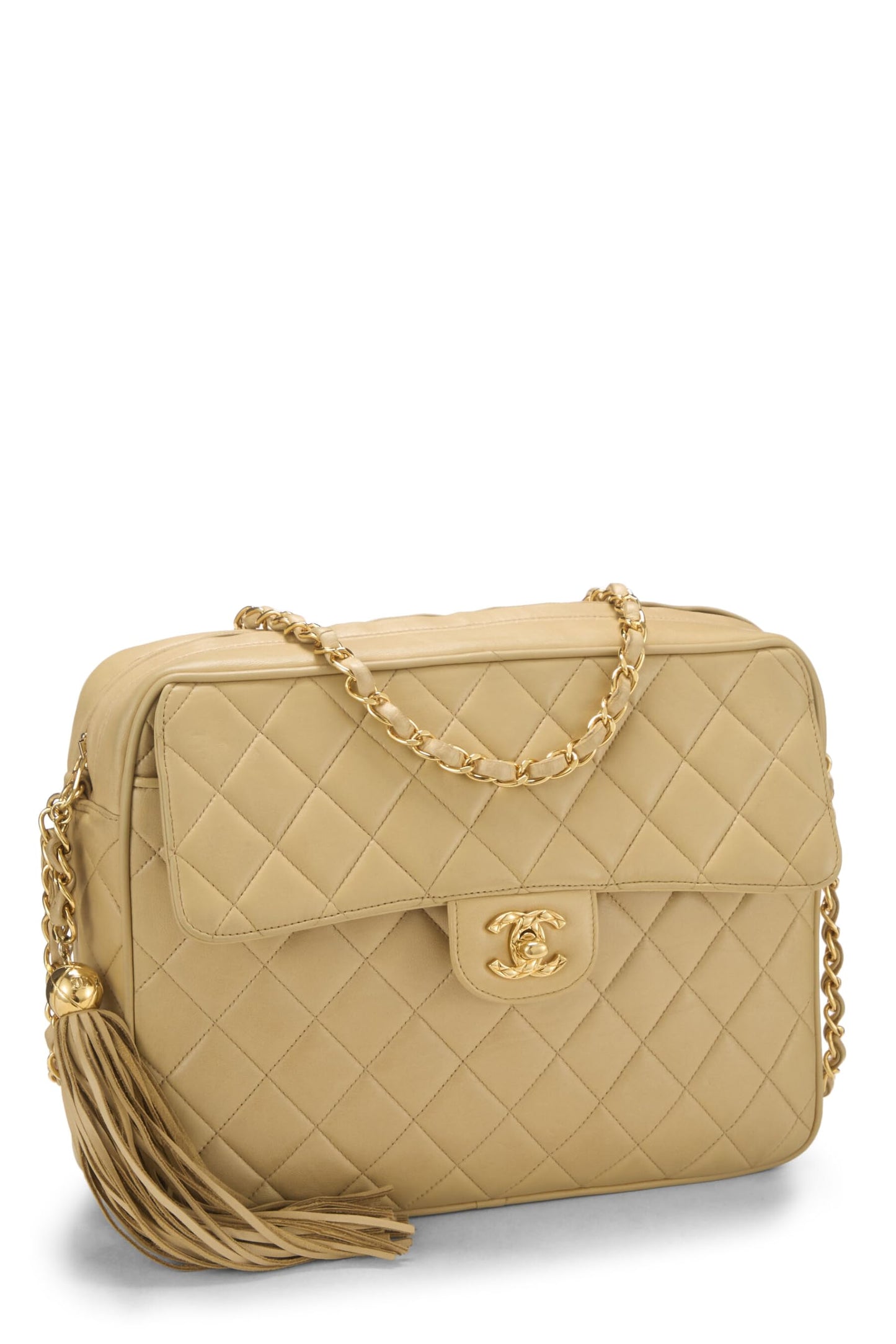 Chanel, Bolso para cámara grande con bolsillo acolchado en piel de cordero beige Pre-Loved, Beige