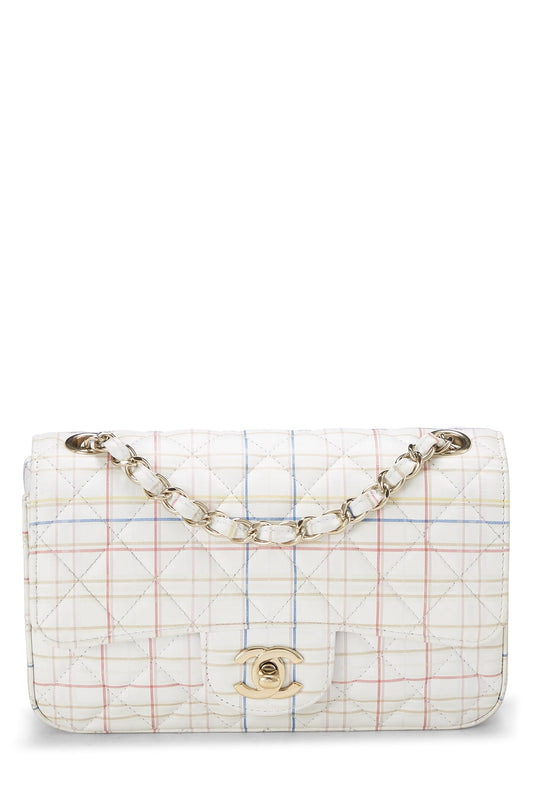 Chanel, Mini sac à rabat rectangulaire en cuir de veau à carreaux blanc et multicolore d'occasion, multicolore