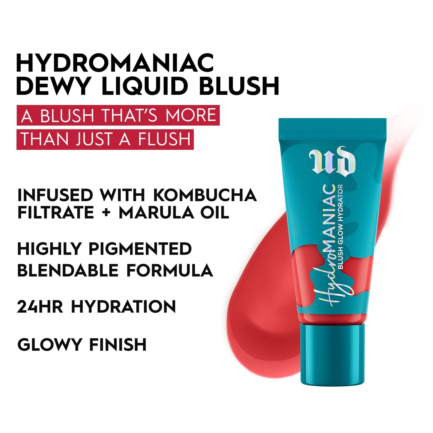 Urban Decay Hydromaniac Dewy Liquid Blush (Obsessed - Coral Peach), fard à joues repulpant longue tenue et modulable avec hydratation 24 heures, filtrat de kombucha et huile de marula, végétalien - 0,5 fl oz