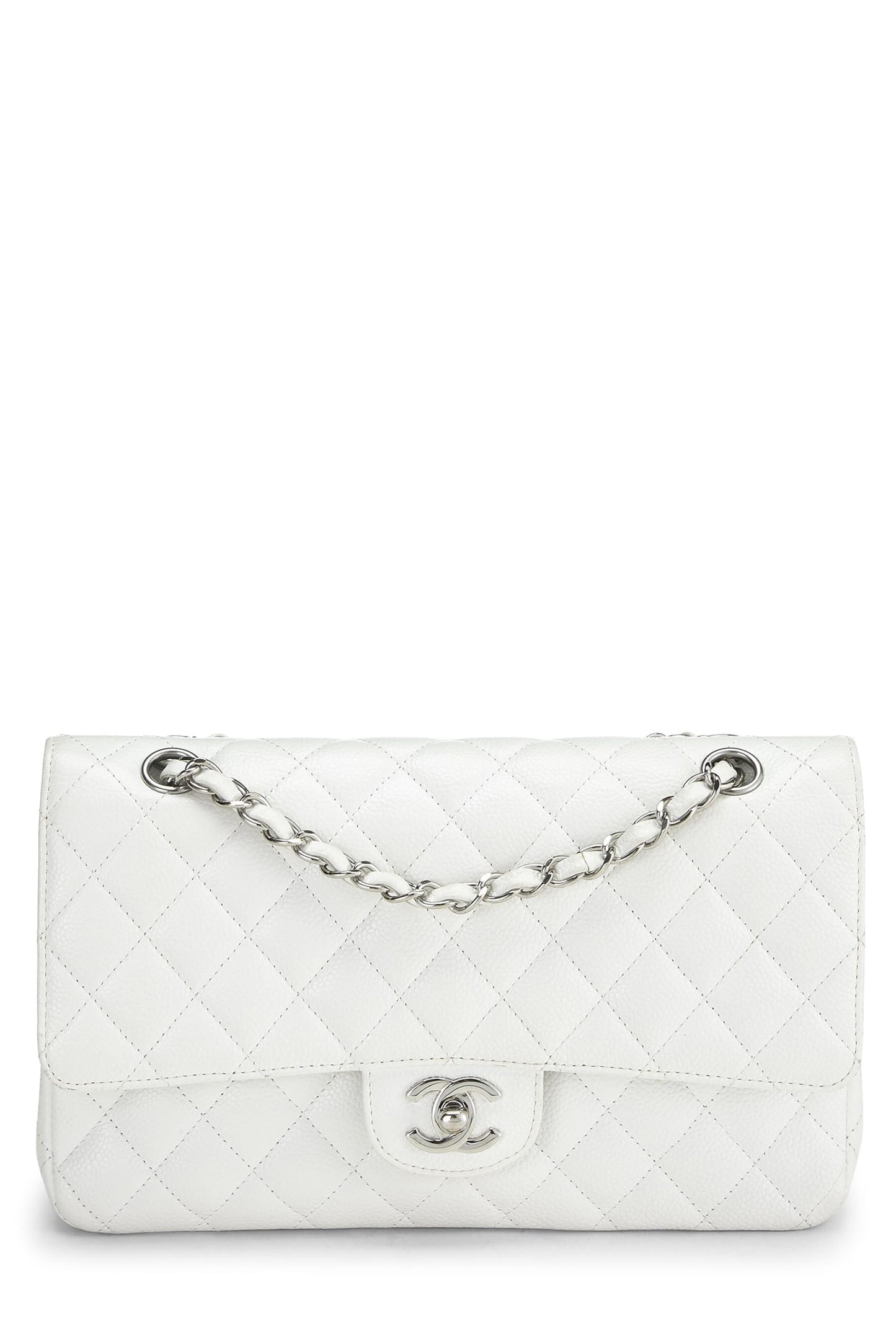 Chanel, sac à main matelassé à double rabat classique Caviar blanc d'occasion, taille M, blanc