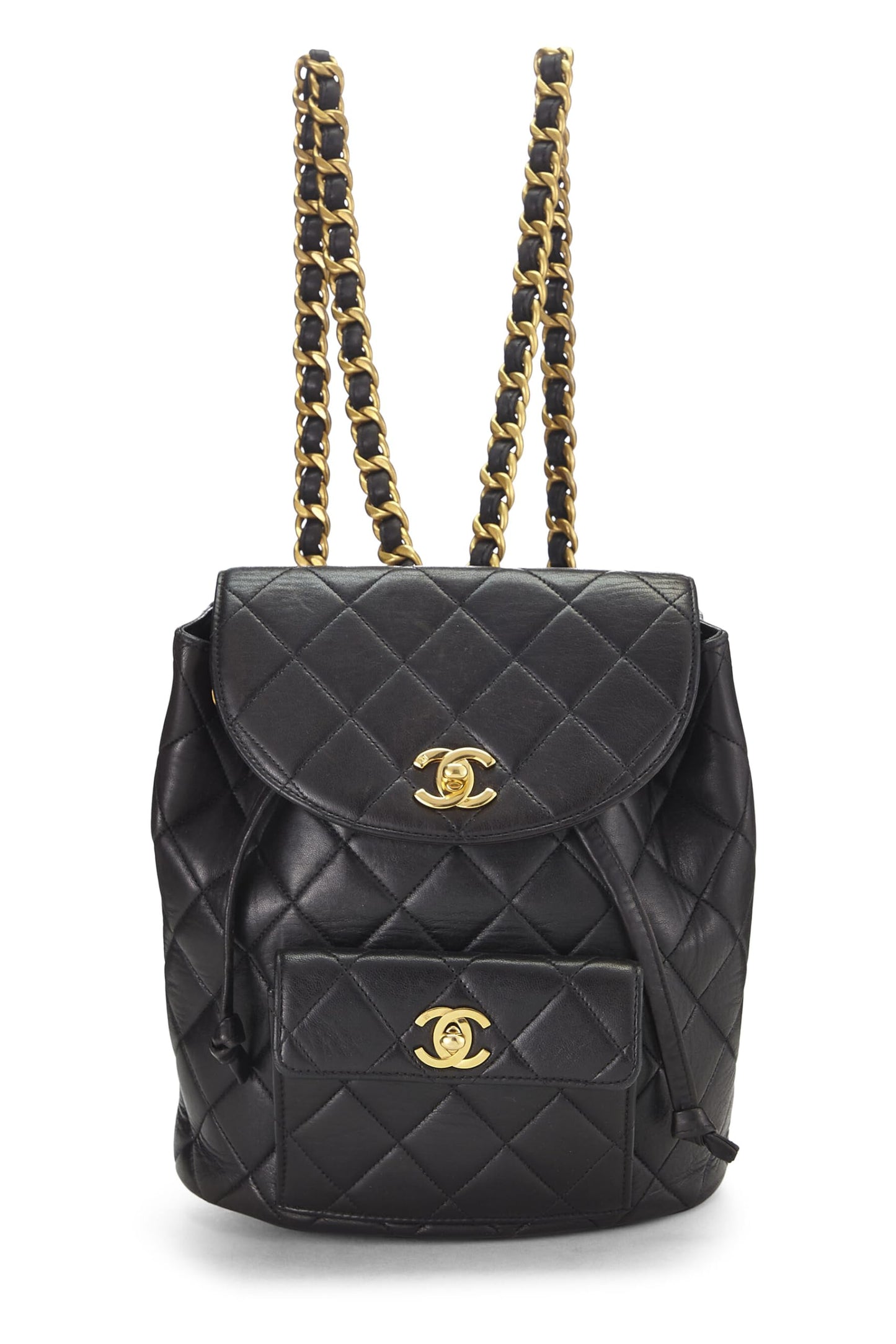 Chanel, sac à dos matelassé en cuir d'agneau noir de taille moyenne, d'occasion, noir