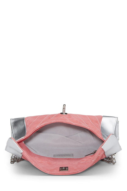 Chanel, Pre-Loved Pink Suede & Silver Leather Chevron Flap Medium, Pink