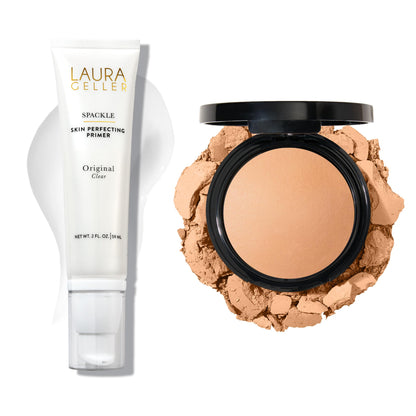 Base de maquillaje en polvo Baked Double Take de LAURA GELLER NEW YORK, Golden Medium + prebase de maquillaje Spackle Super-Size Skin Perfecting con ácido hialurónico, Original