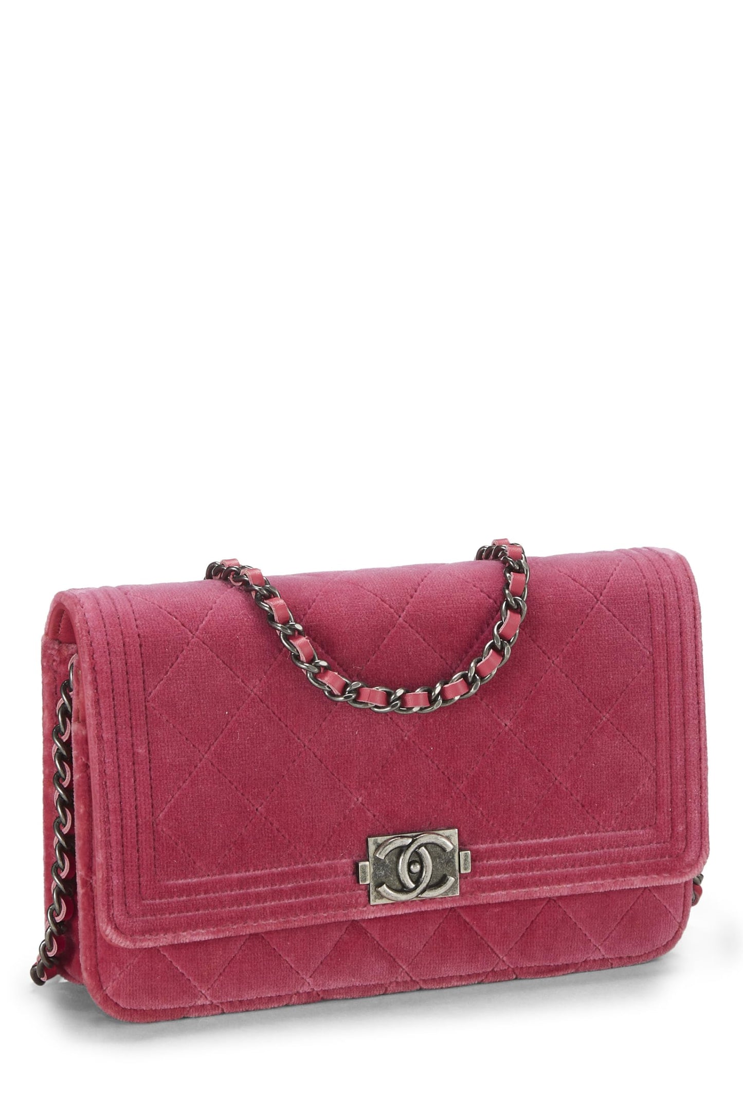 Chanel, Pre-Loved Pink Quilted Velvet Boy Wallet on Chain (WOC), Pink