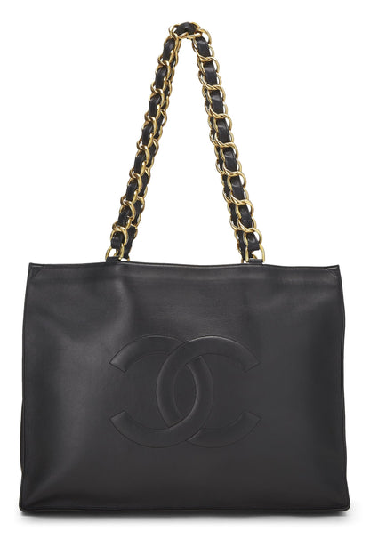 Chanel, sac fourre-tout à poignée plate en cuir d'agneau noir de taille moyenne, d'occasion, noir