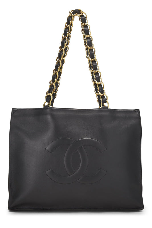 Chanel, Bolso tote mediano con asa de cadena plana de piel de cordero negra Pre-Loved, Negro