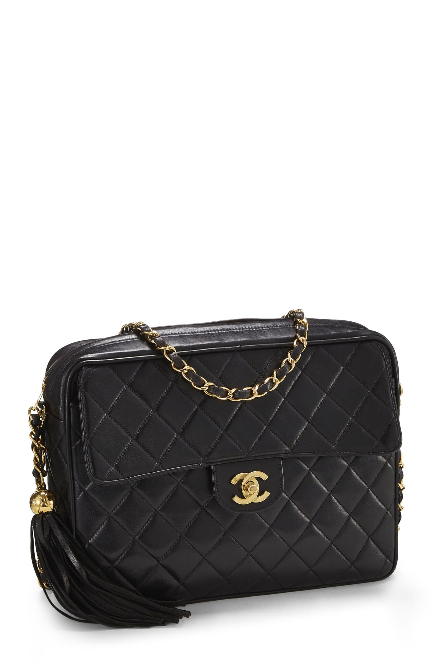 Chanel, Bolso grande para cámara con bolsillo acolchado en piel de cordero negra Pre-Loved, Negro