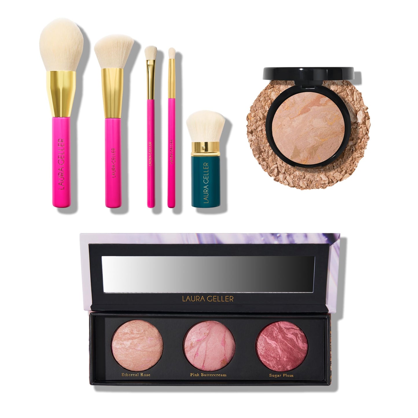 Base de maquillaje en polvo Baked Balance-n-Brighten de LAURA GELLER NEW YORK, Fair + Trío de brochas Greatest de Geller + Set de 5 brochas de maquillaje para rostro completo