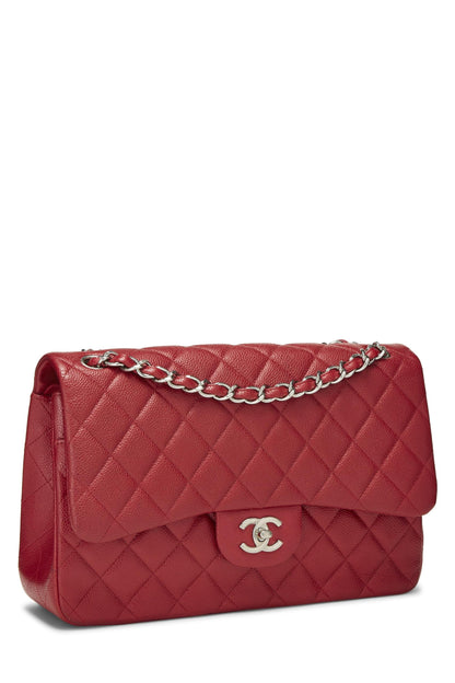 Chanel, sac à main jumbo à double rabat matelassé rouge caviar, d'occasion, rouge