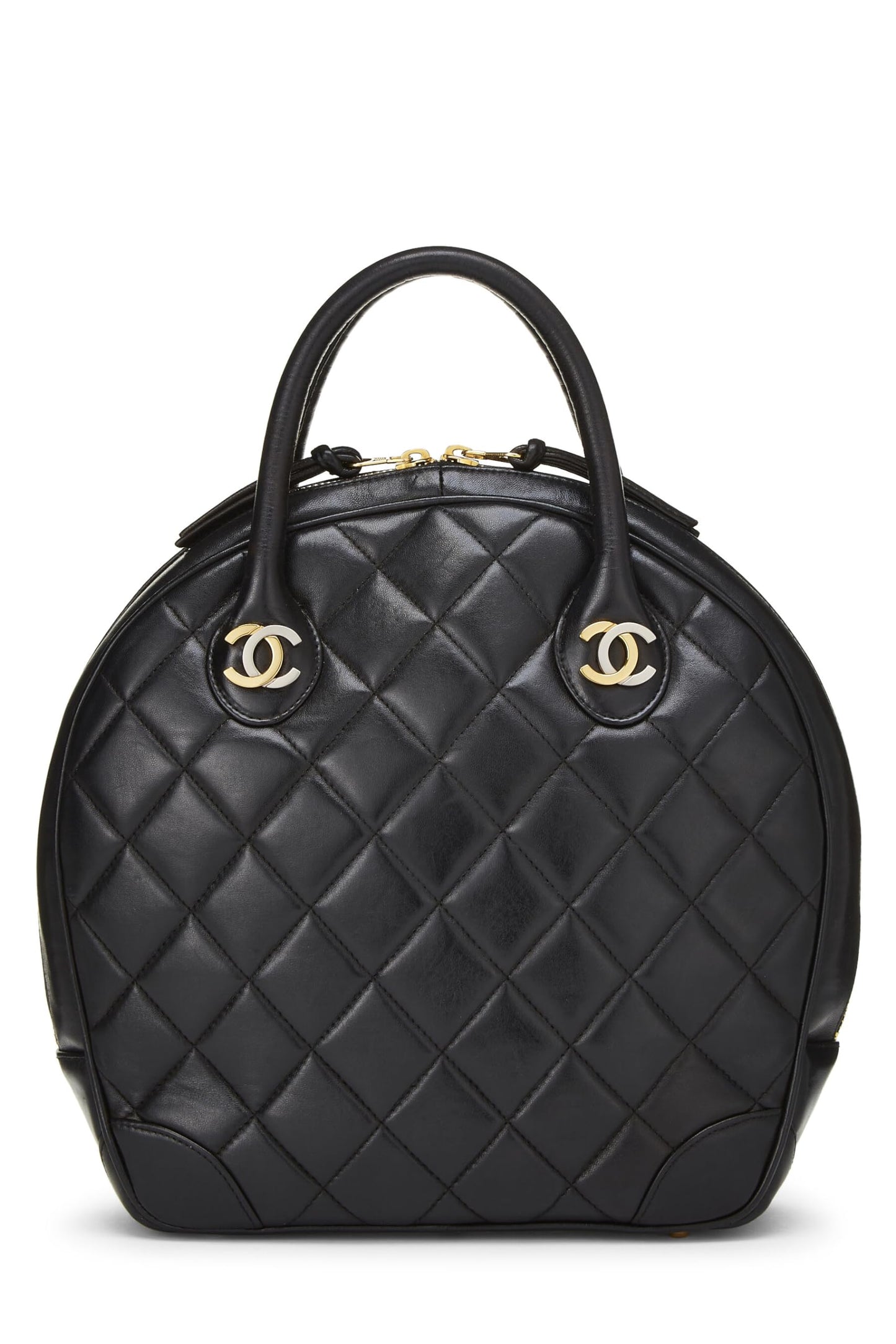 Chanel, sac bowling Paris en cuir d'agneau matelassé noir d'occasion, taille S, noir